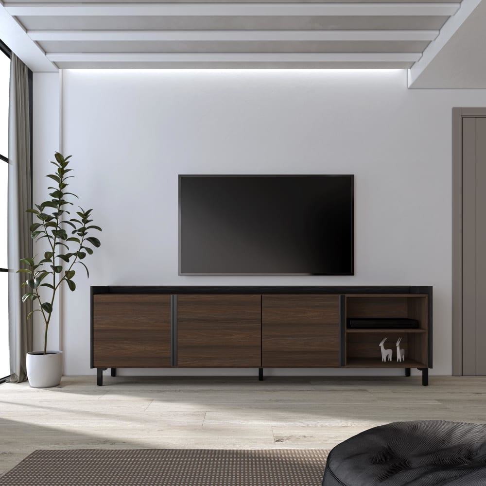 Skraut home TV-Möbel Holzeffekt dunkler eiche und schwarz 207x35x61cm mit Beinen style modern Braun Spanplatte