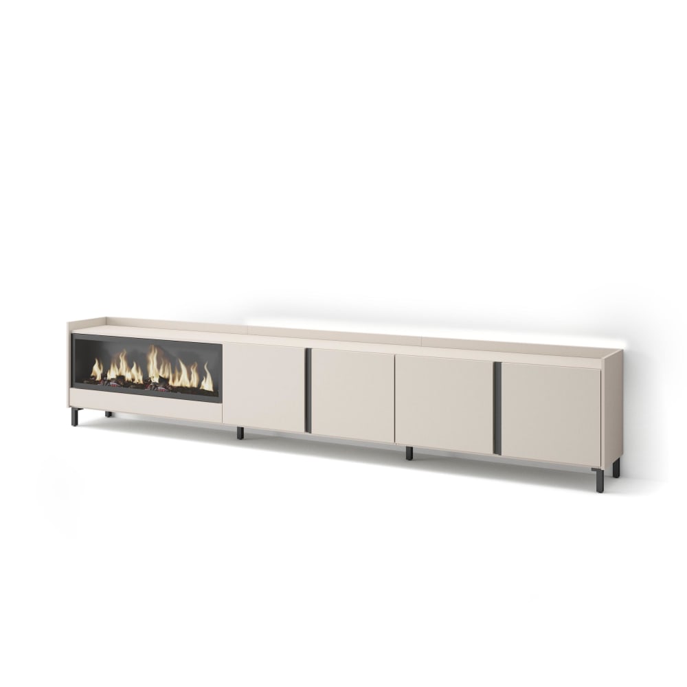 Meuble tv effet bois beige 315x35x61cm cheminée effet feu XXL