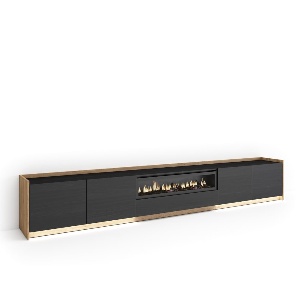 Meuble tv effet bois noir et chêne 310x37x50cm cheminée effet feu