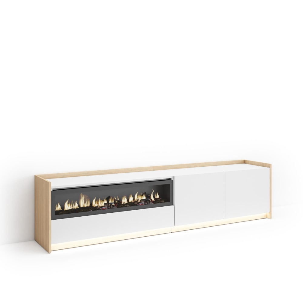Meuble tv effet bois blanc et chêne 207x37x50cm cheminée effet feu
