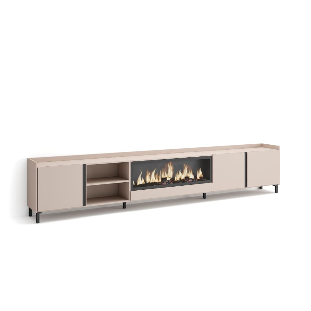 Meuble tv effet bois beige 315x35x61cm cheminée effet feu XXL