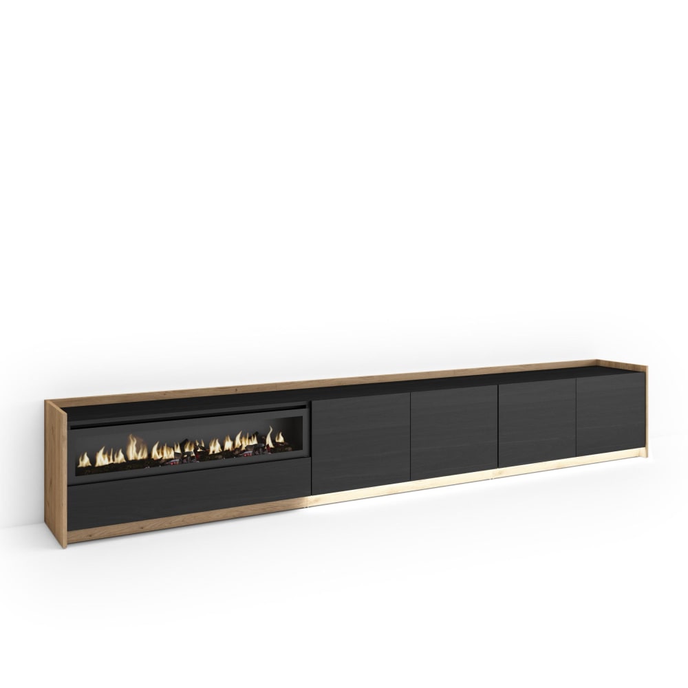 Meuble tv effet bois noir et chêne 310x37x50cm cheminée effet feu