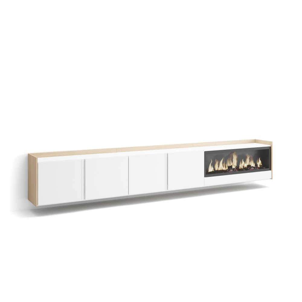 Meuble tv effet bois blanc et chêne 315x35x50cm cheminée effet feu XXL
