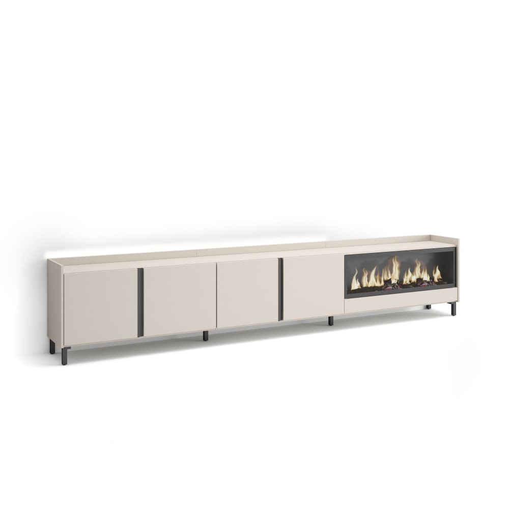 Meuble tv effet bois beige 315x35x61cm cheminée effet feu XXL
