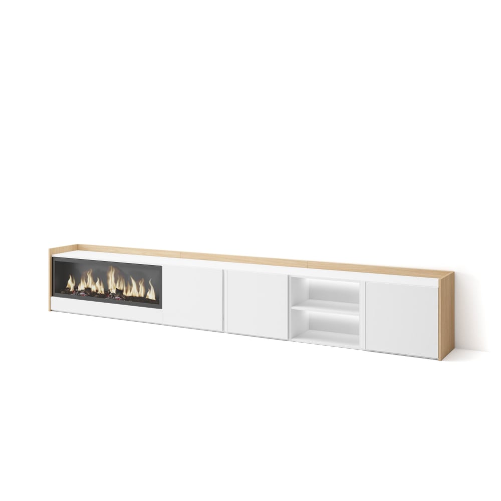 Meuble tv effet bois blanc et chêne 315x35x50cm cheminée effet feu XXL