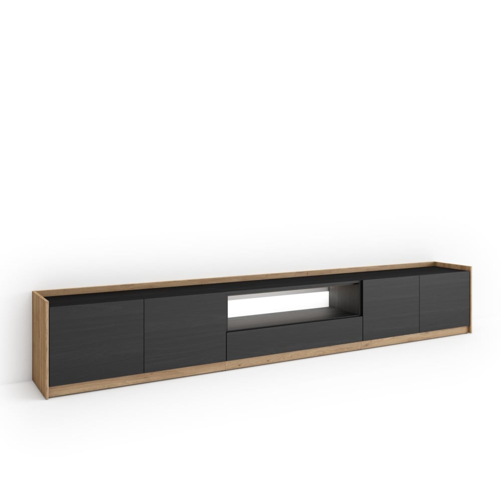Meuble tv effet bois noir et chêne 310x37x50cm avec led