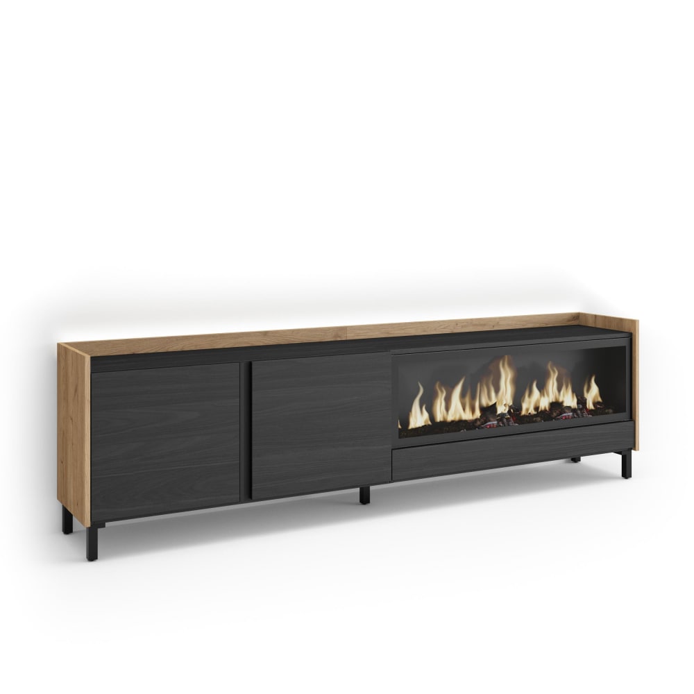 Meuble tv effet bois noir et chêne 212x35x61cm cheminée effet feu XXL