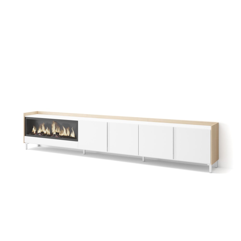 Meuble tv effet bois blanc et chêne 315x35x61cm cheminée effet feu XXL