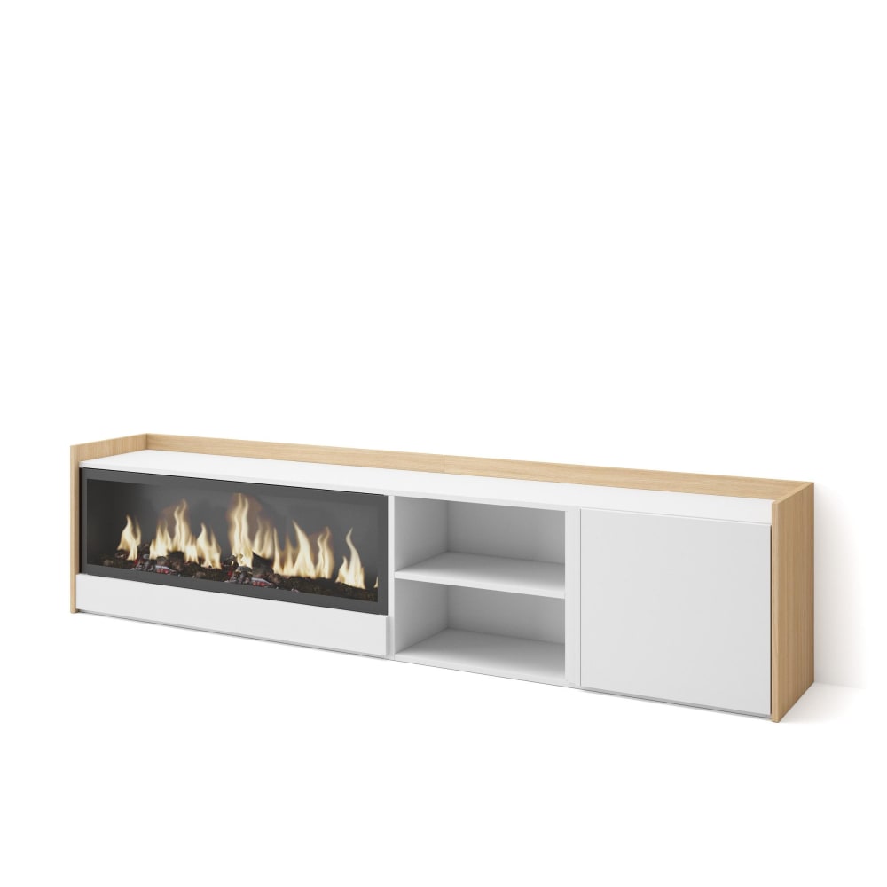 Meuble tv effet bois blanc et chêne 212x35x50cm cheminée effet feu XXL