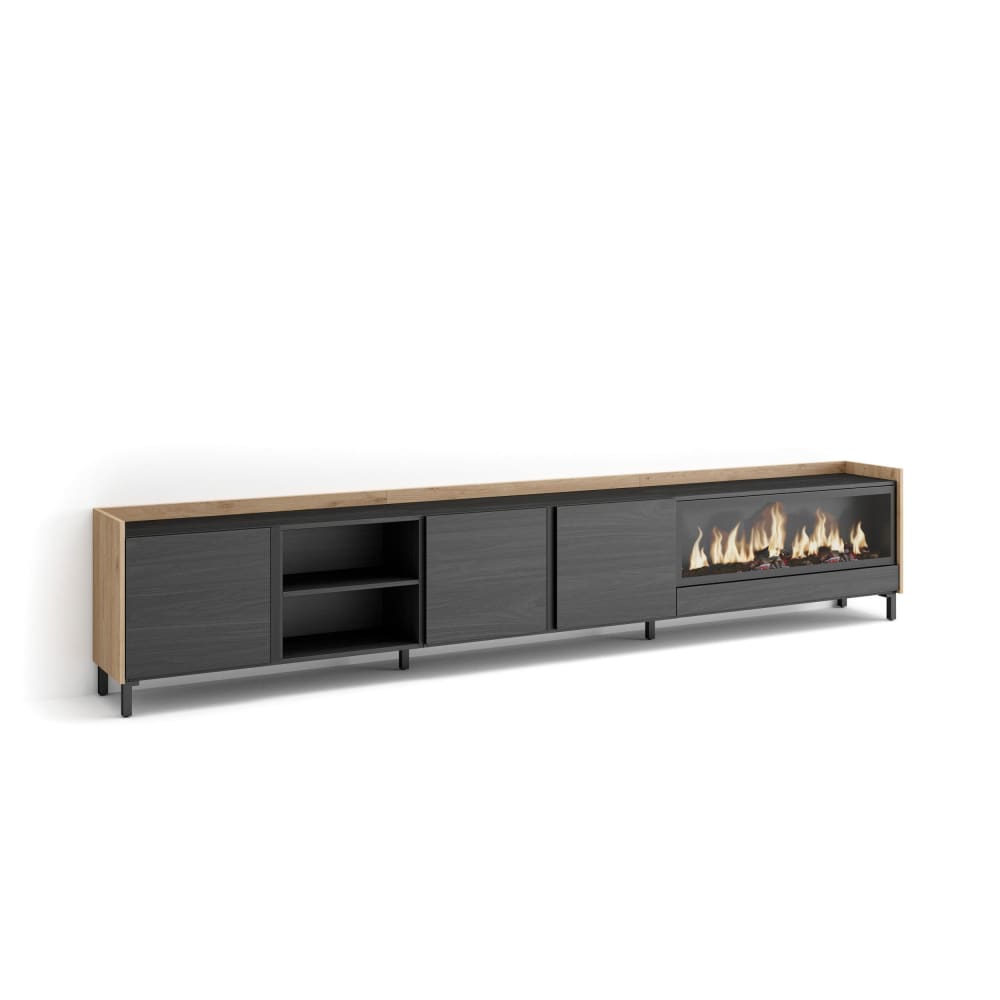Meuble tv effet bois noir et chêne 315x35x61cm cheminée effet feu XXL