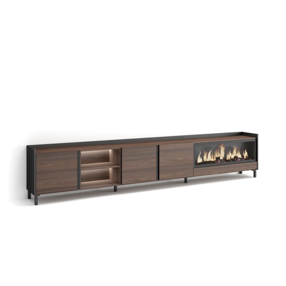 Meuble tv effet bois de chêne et noir 315x35x61cm cheminée effet feu