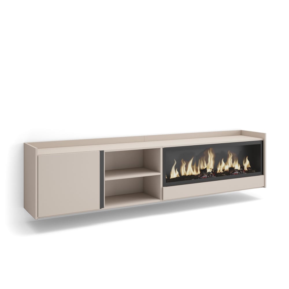 Meuble tv effet bois beige 212x35x50cm cheminée effet feu XXL