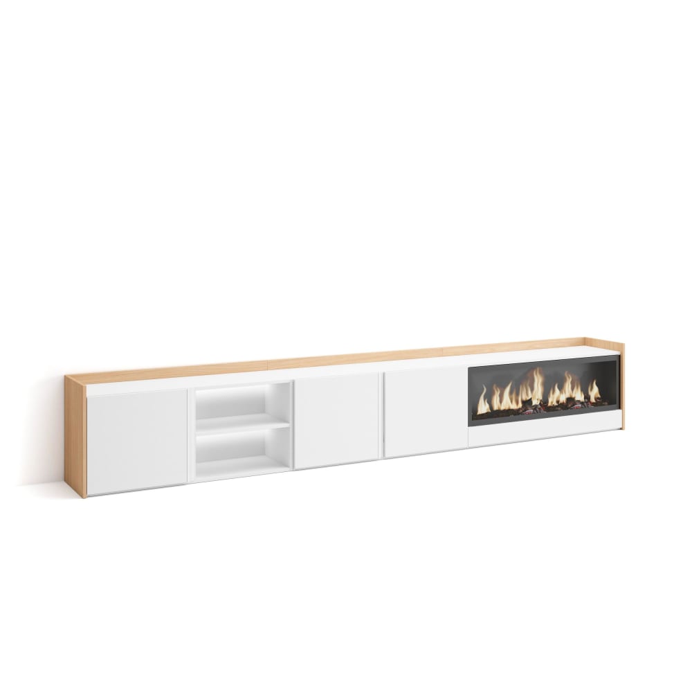 Meuble tv effet bois blanc et chêne 315x35x50cm cheminée effet feu XXL