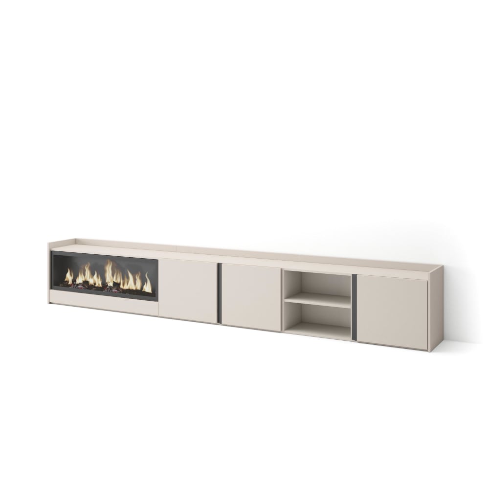 Meuble tv effet bois beige 315x35x50cm cheminée effet feu XXL