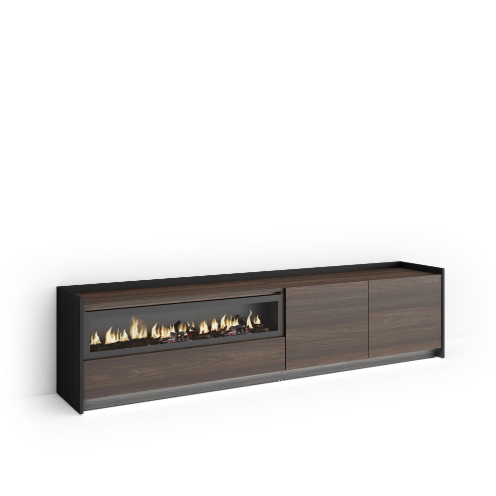 Meuble tv effet bois de chêne et noir 207x37x50cm cheminée effet feu