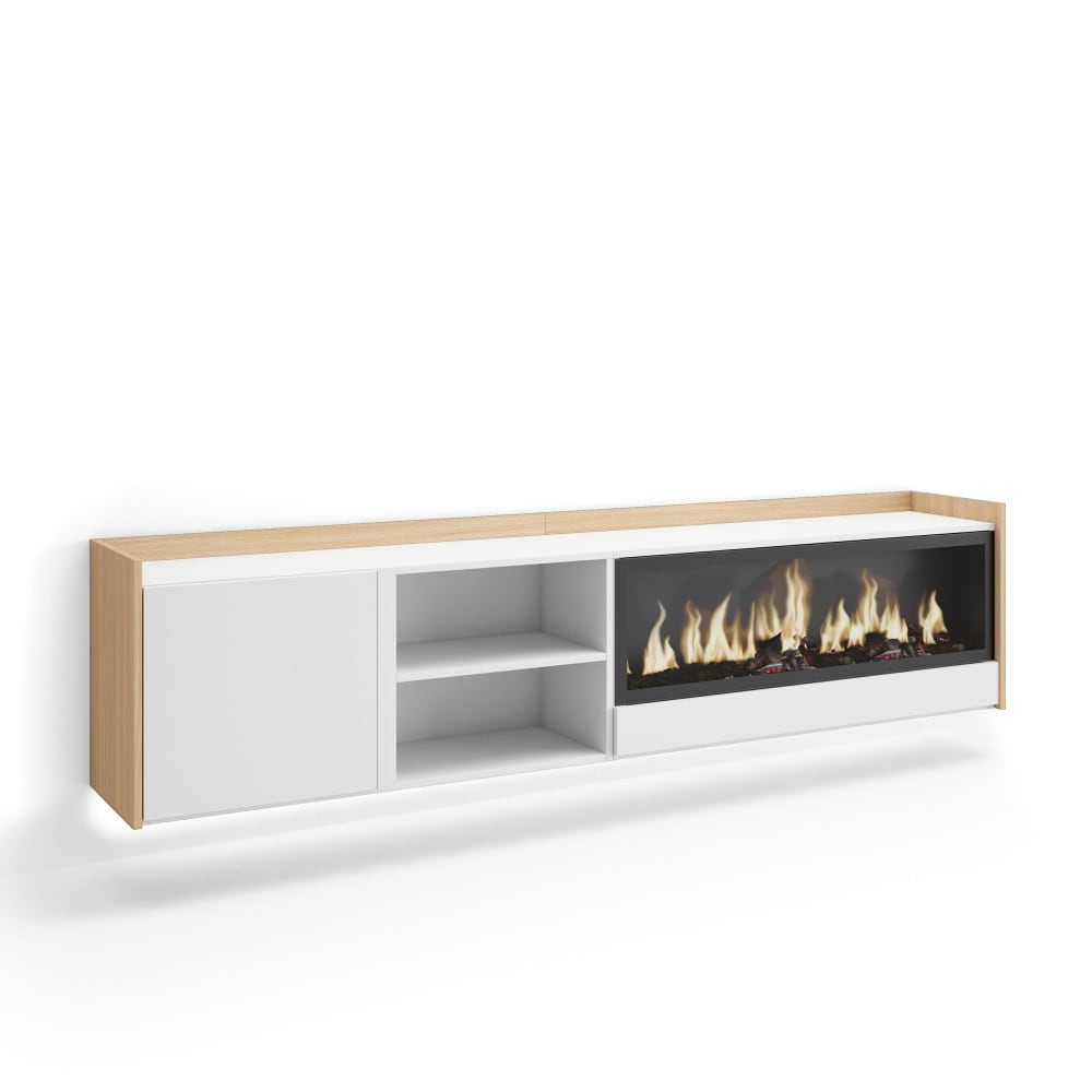 Meuble tv effet bois blanc et chêne 212x35x50cm cheminée effet feu XXL