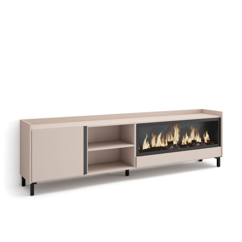 Meuble tv effet bois beige 212x35x61cm cheminée effet feu XXL