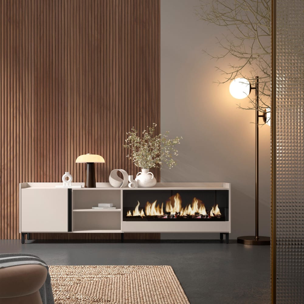 Skraut home TV-Möbel Holzeffekt beige 212x35x61cm Kamin mit Feuereffekt XXL style modern - Spanplatte