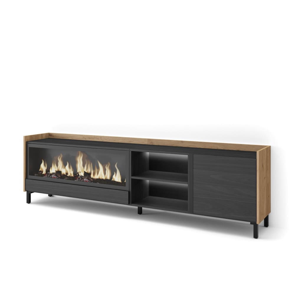 Meuble tv effet bois noir et chêne 212x35x61cm cheminée effet feu XXL
