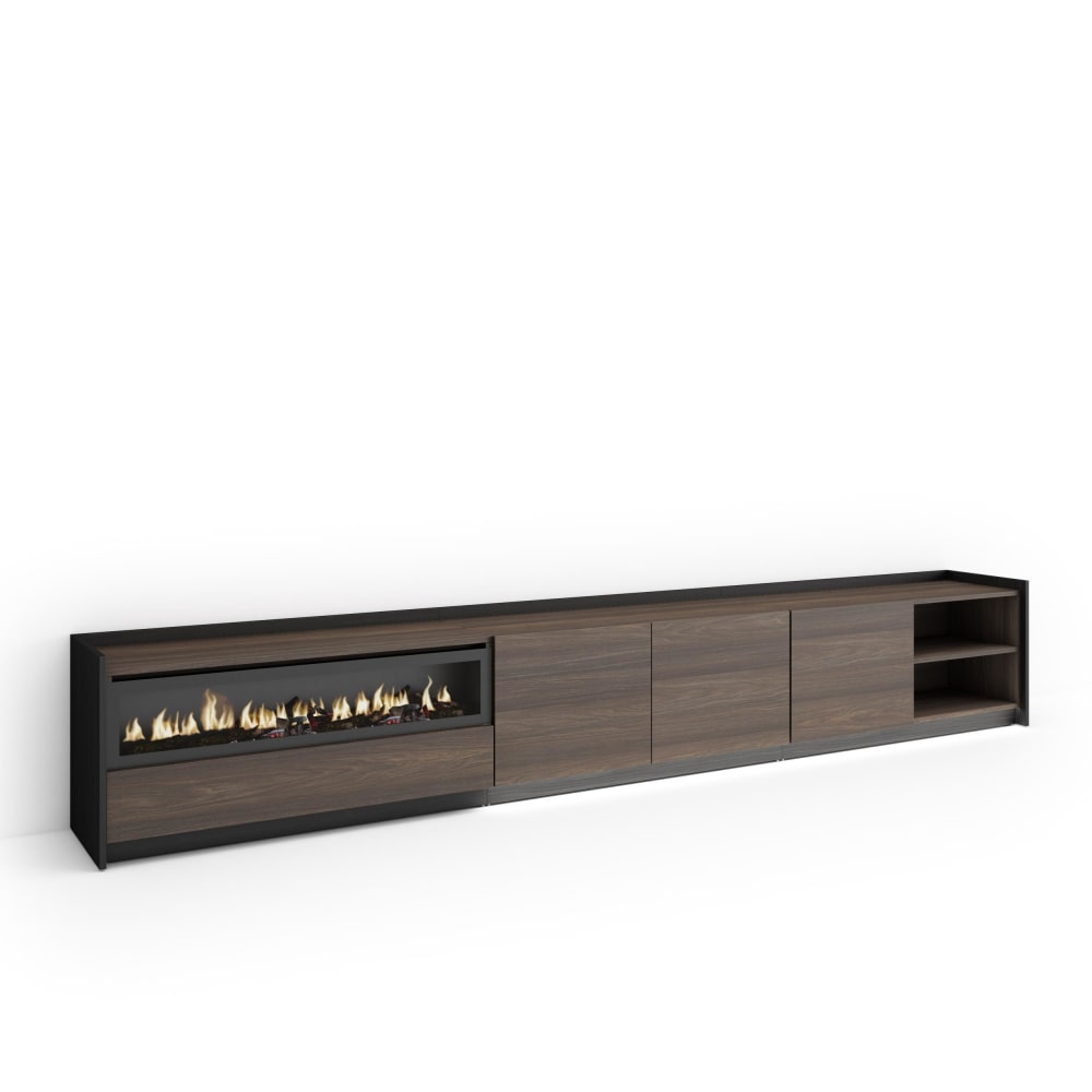 Meuble tv effet bois de chêne et noir 310x37x50cm cheminée effet feu