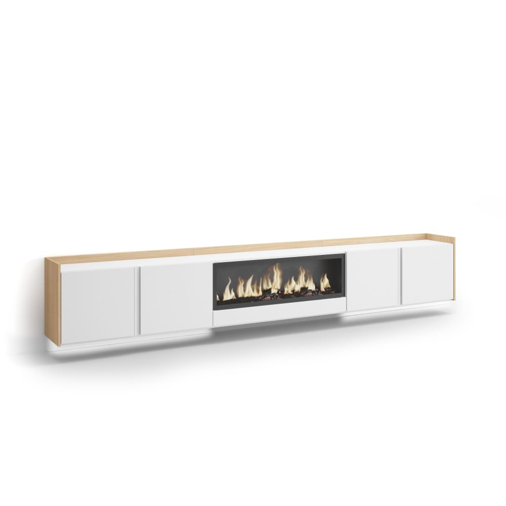 Meuble tv effet bois blanc et chêne 315x35x50cm cheminée effet feu XXL