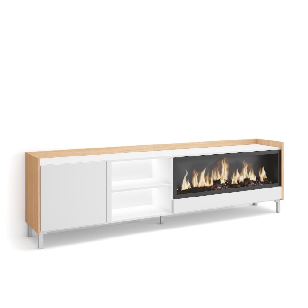 Meuble tv effet bois blanc et chêne 212x35x61cm cheminée effet feu XXL