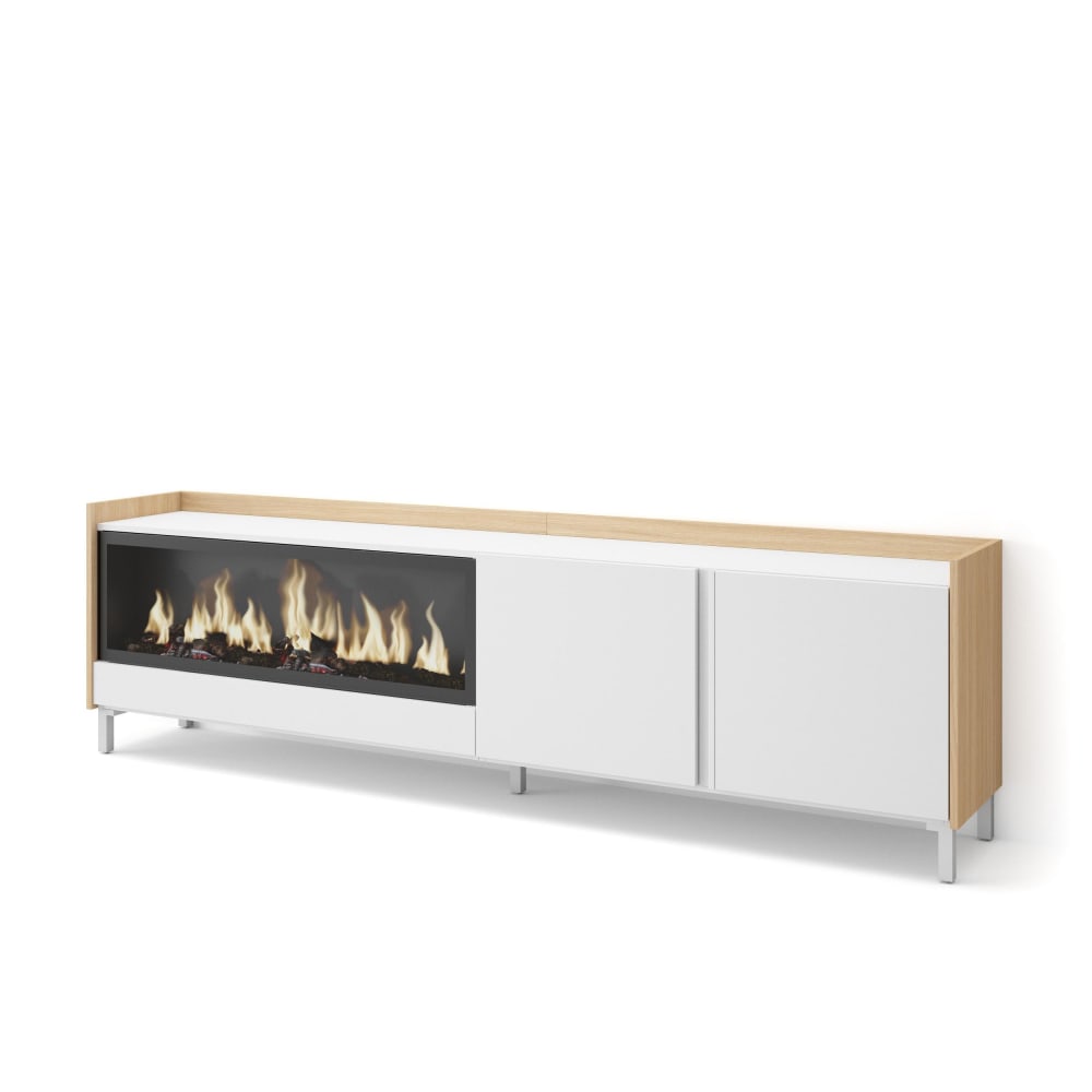 Meuble tv effet bois blanc et chêne 212x35x61cm cheminée effet feu XXL
