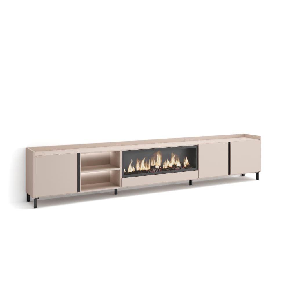 Meuble tv effet bois beige 315x35x61cm cheminée effet feu XXL