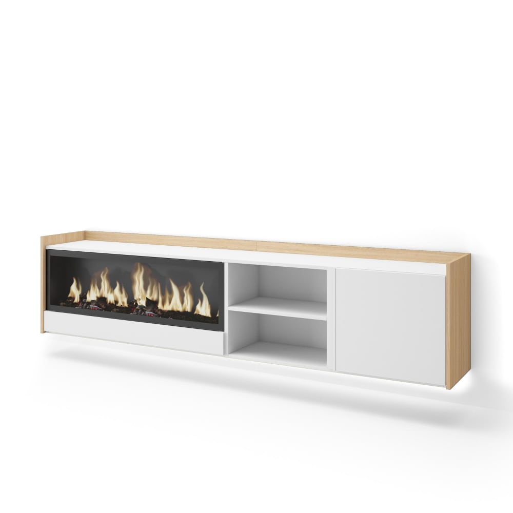 Meuble tv effet bois blanc et chêne 212x35x50cm cheminée effet feu XXL