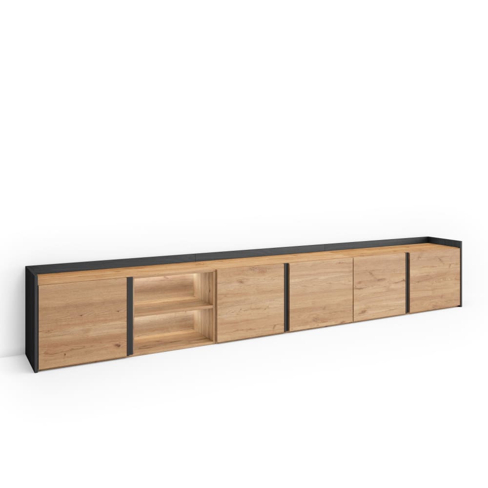 Meuble tv effet bois de chêne et noir 309x35x50cm avec led