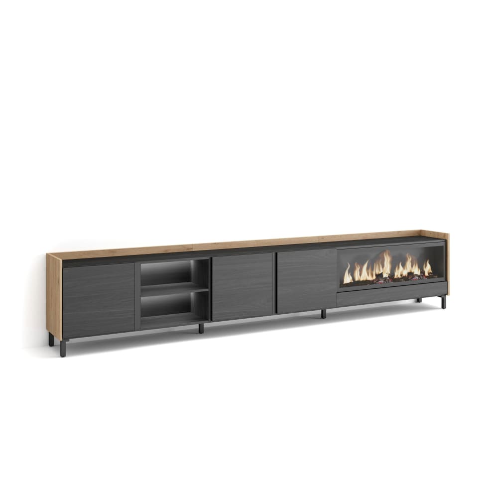 Meuble tv effet bois noir et chêne 315x35x61cm cheminée effet feu XXL
