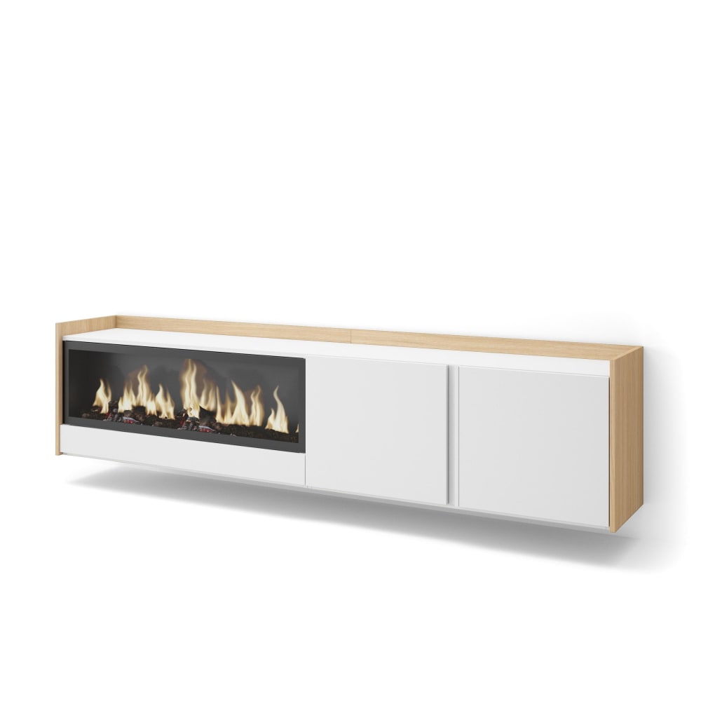 Meuble tv effet bois blanc et chêne 212x35x50cm cheminée effet feu XXL