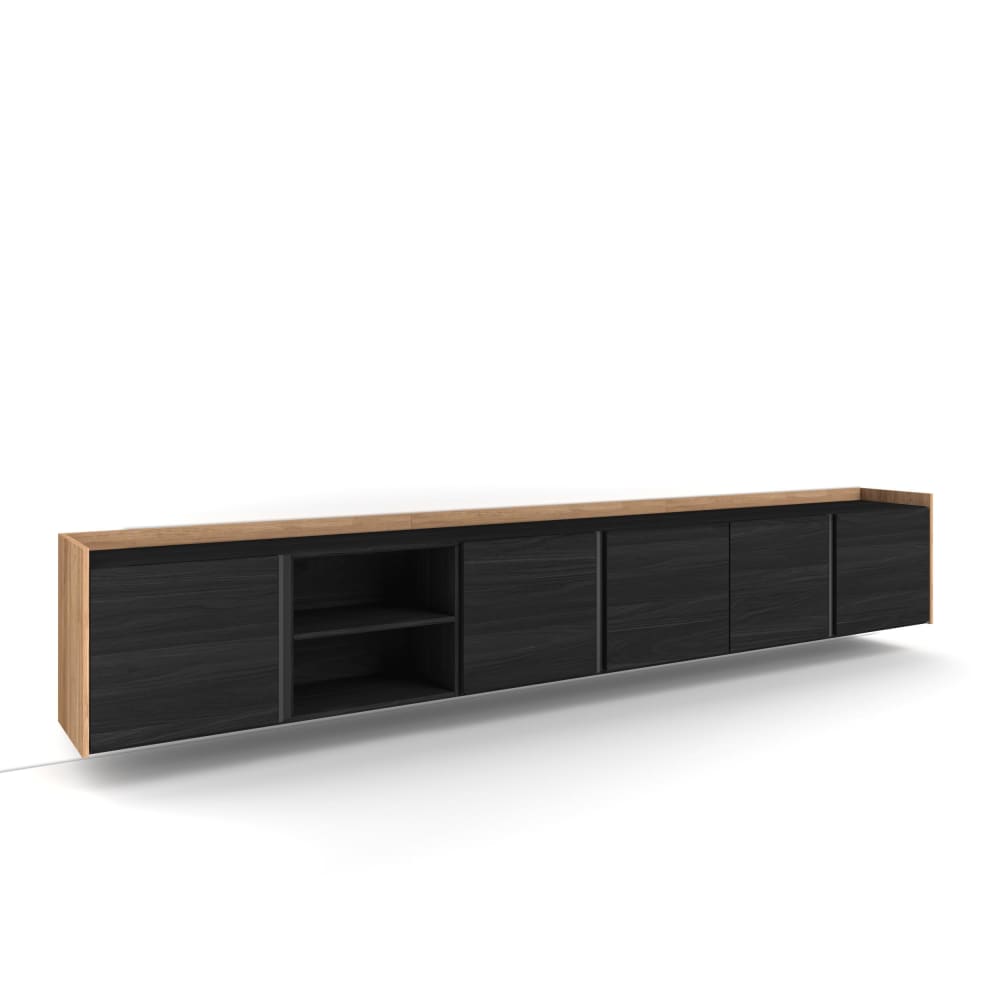 Meuble tv effet bois noir et chêne 309x35x50cm suspendu