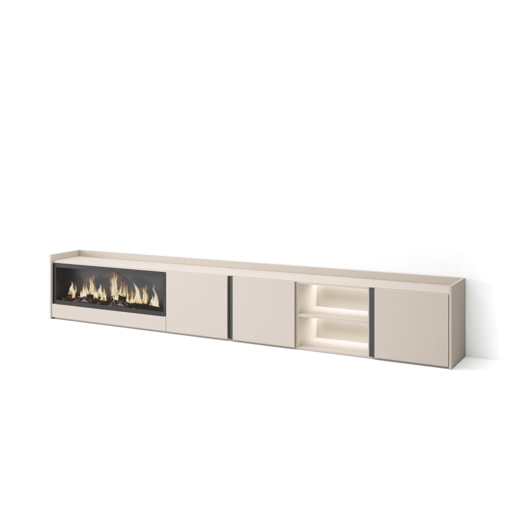 Meuble tv effet bois beige 315x35x50cm cheminée effet feu XXL