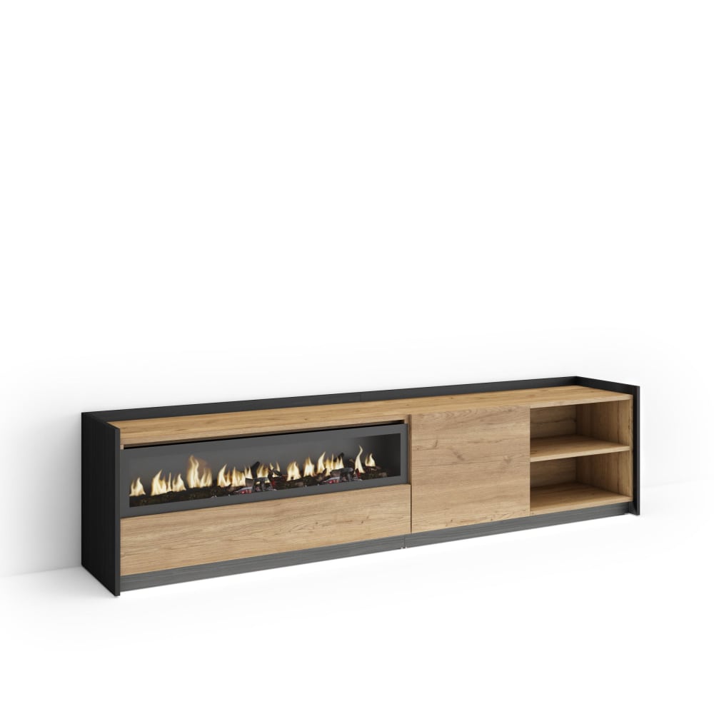 Meuble tv effet bois de chêne et noir 207x37x50cm cheminée effet feu