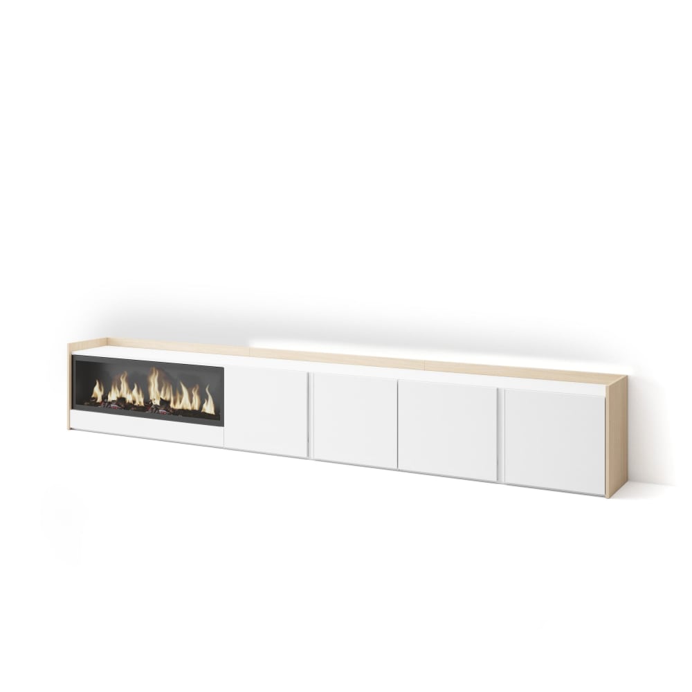 Meuble tv effet bois blanc et chêne 315x35x50cm cheminée effet feu XXL