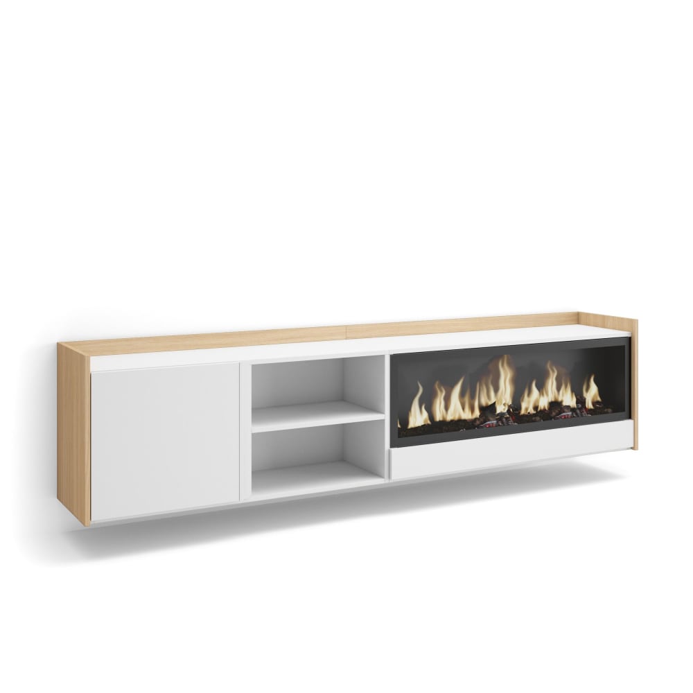 Meuble tv effet bois blanc et chêne 212x35x50cm cheminée effet feu XXL