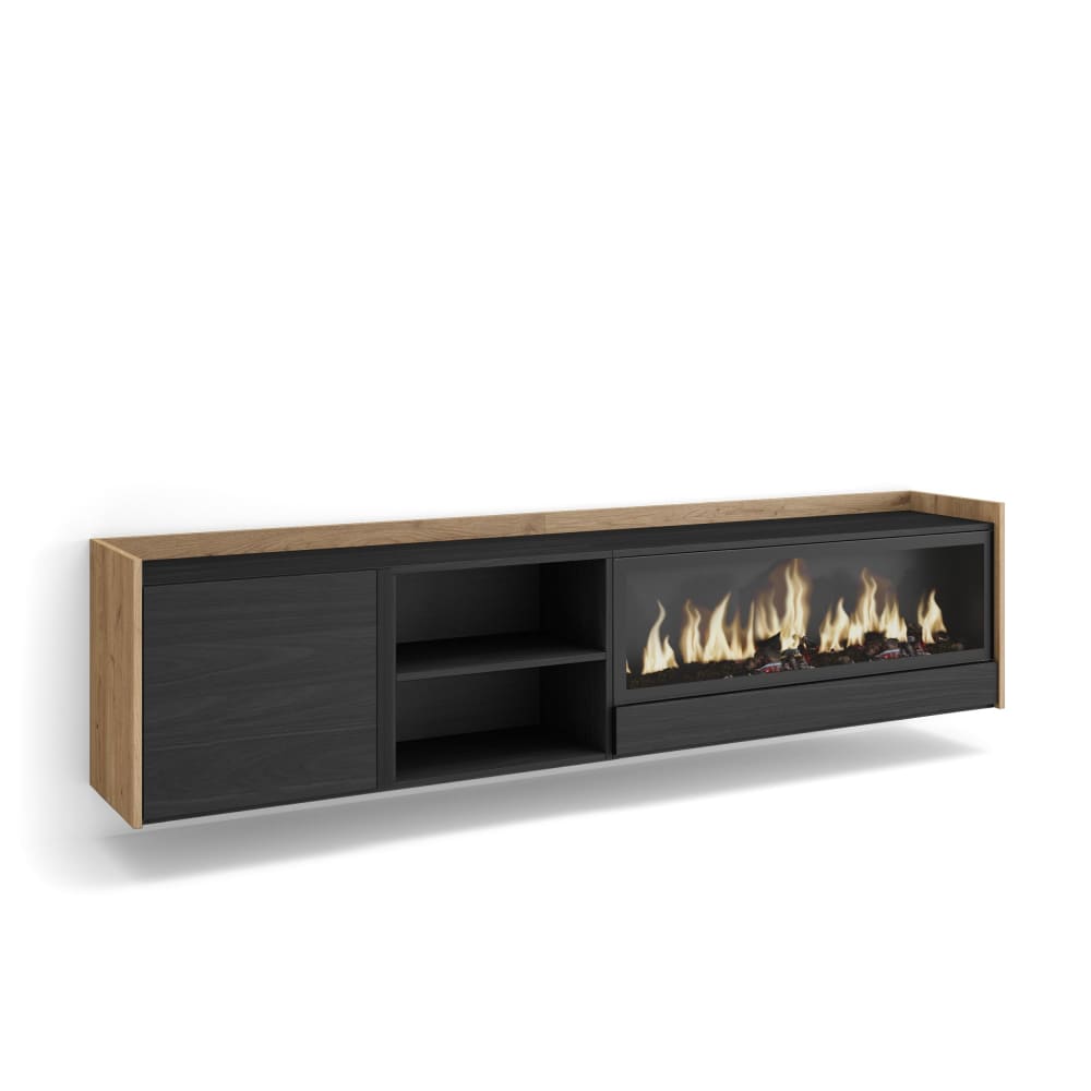 Meuble tv effet bois noir et chêne 212x35x50cm cheminée effet feu XXL