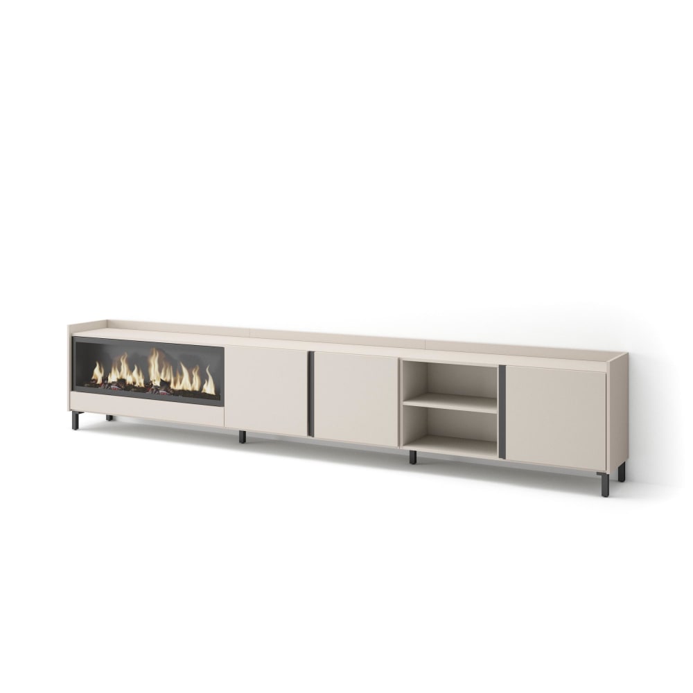 Meuble tv effet bois beige 315x35x61cm cheminée effet feu XXL