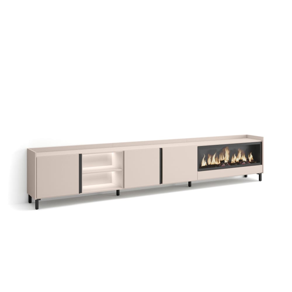 Meuble tv effet bois beige 315x35x61cm cheminée effet feu XXL