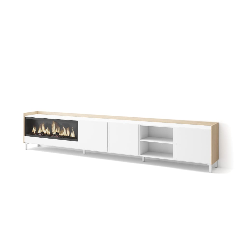 Meuble tv effet bois blanc et chêne 315x35x61cm cheminée effet feu XXL