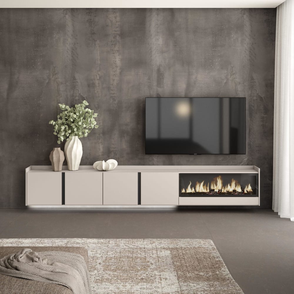 Skraut home TV-Möbel Holzeffekt beige 315x35x50cm Kamin mit Feuereffekt XXL style modern - Spanplatte