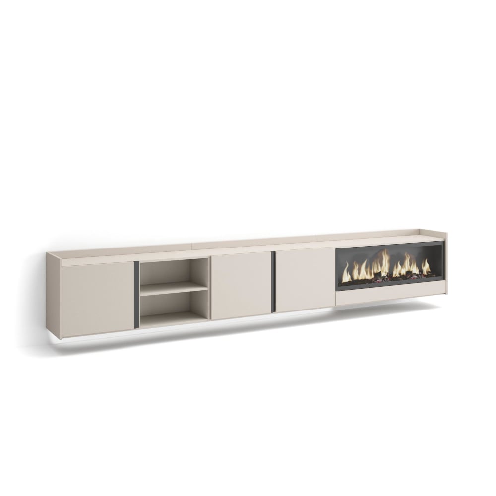 Meuble tv effet bois beige 315x35x50cm cheminée effet feu XXL