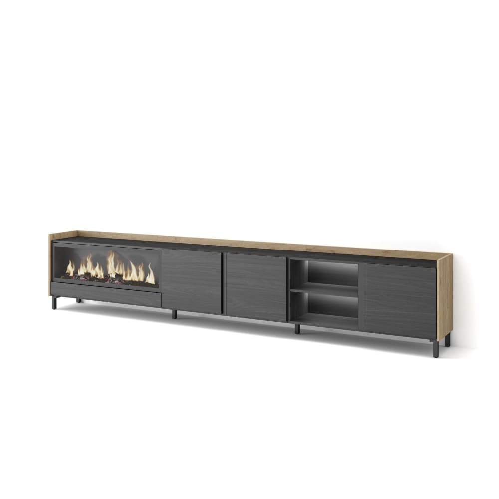 Meuble tv effet bois noir et chêne 315x35x61cm cheminée effet feu XXL