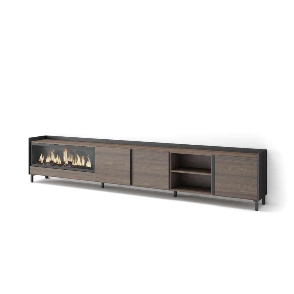 Meuble tv effet bois de chêne et noir 315x35x61cm cheminée effet feu