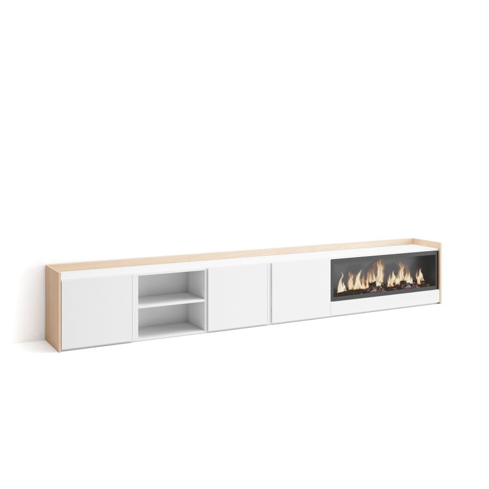 Meuble tv effet bois blanc et chêne 315x35x50cm cheminée effet feu XXL
