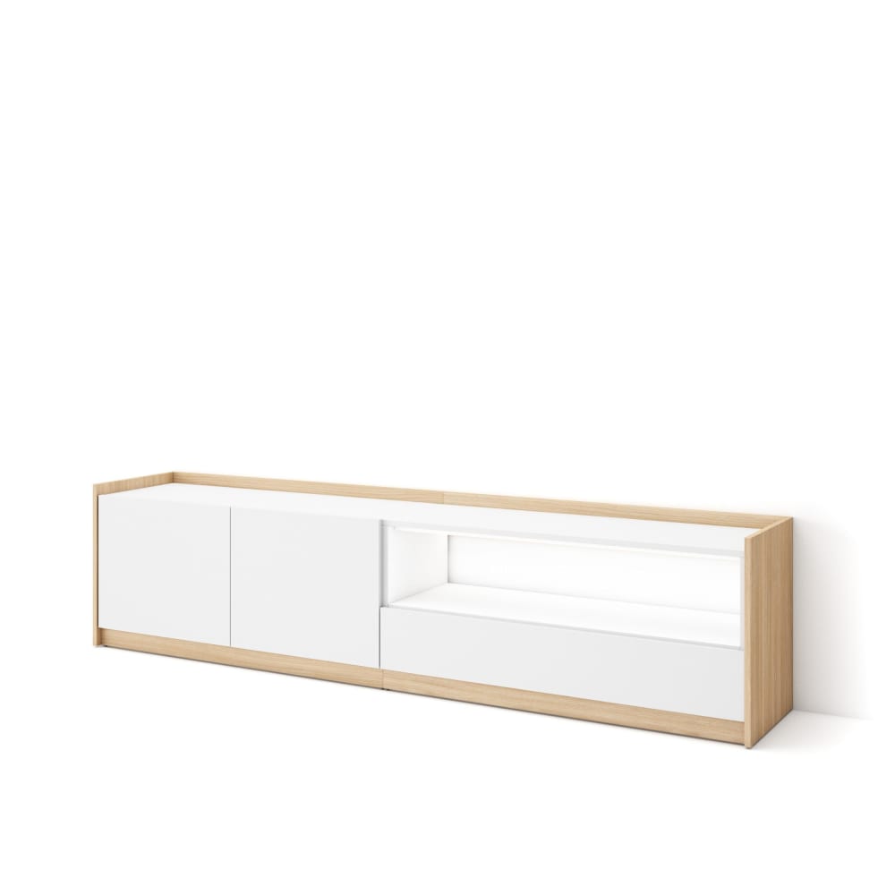 Meuble tv effet bois blanc et chêne 207x37x50cm avec led
