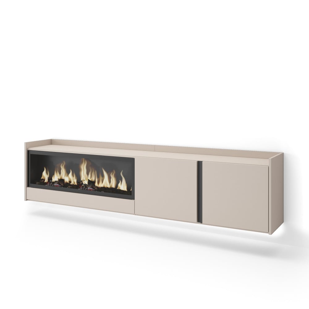 Meuble tv effet bois beige 212x35x50cm cheminée effet feu XXL