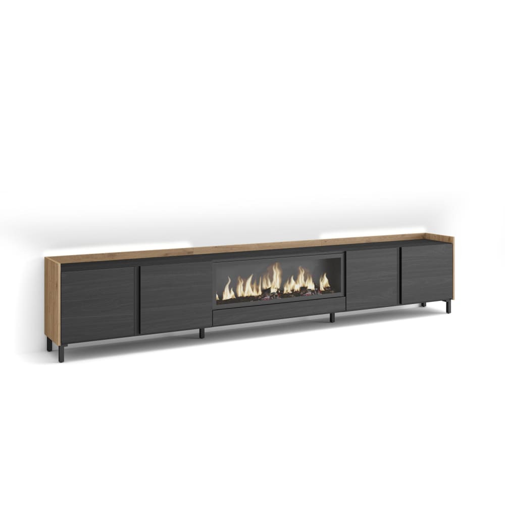 Meuble tv effet bois noir et chêne 315x35x61cm cheminée effet feu XXL