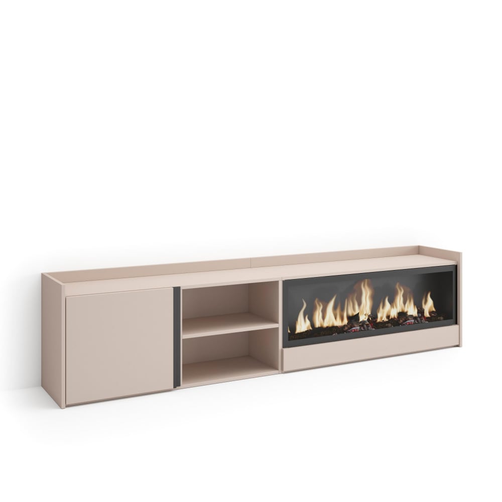 Meuble tv effet bois beige 212x35x50cm cheminée effet feu XXL
